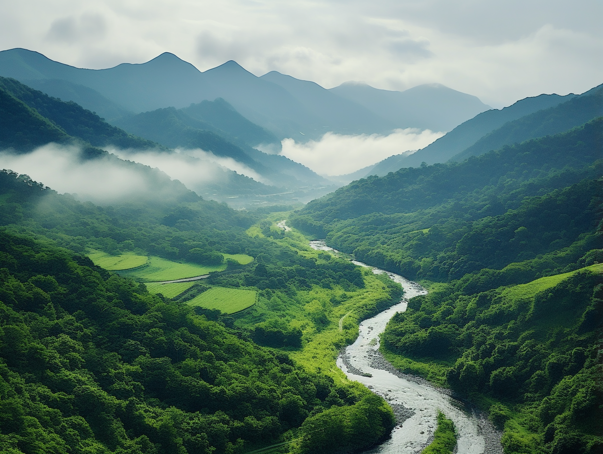 翠山峦叠起,植被繁茂生.溪水清澈流,云层美景映.