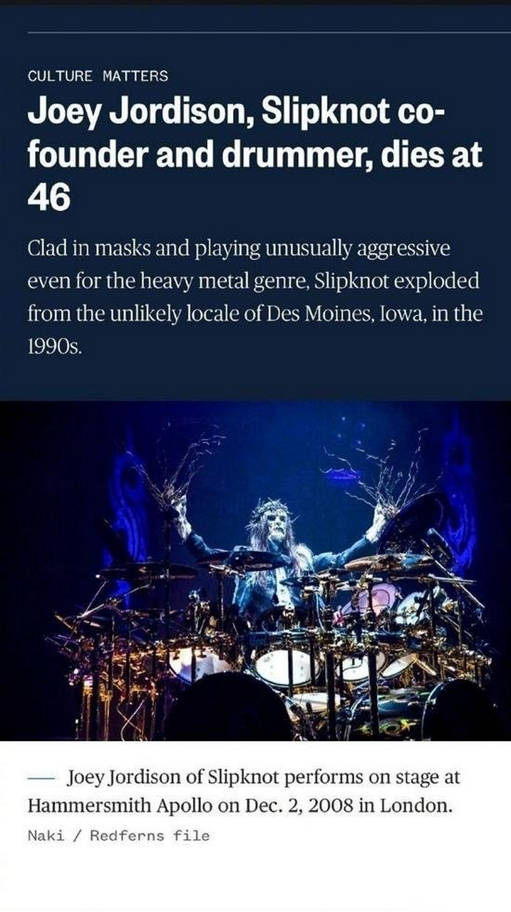 活结(slipknot)乐队创始鼓手乔伊-乔迪森(joey jordison)去世,享年46