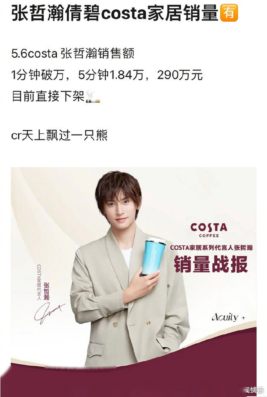 张哲瀚倩碧costa家居销量:1分钟破万,5分钟1.84万,什么水平?