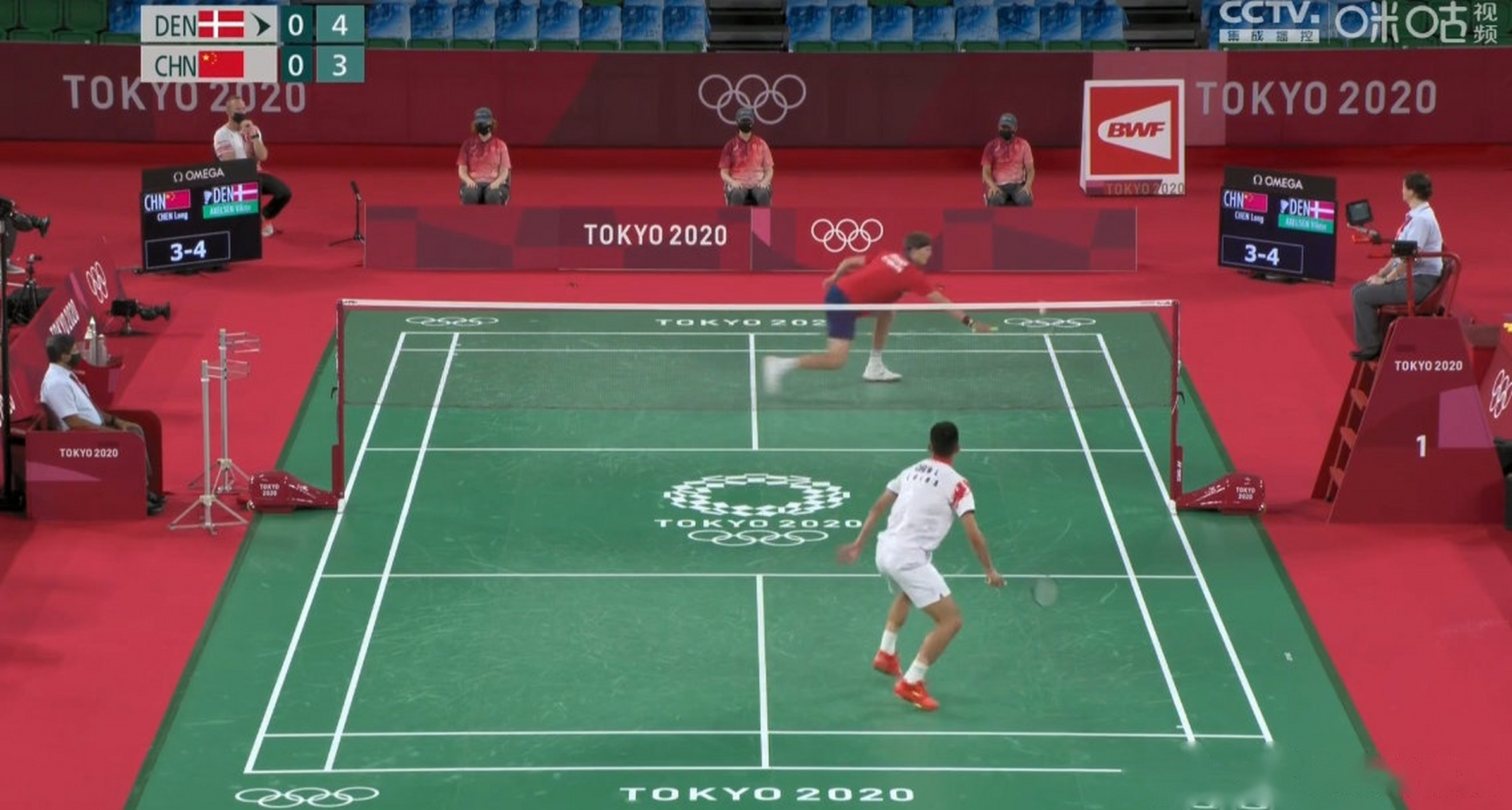 2020东京奥运会羽毛球男单决赛,比赛开始,目前比分3-4谌龙暂时落后一