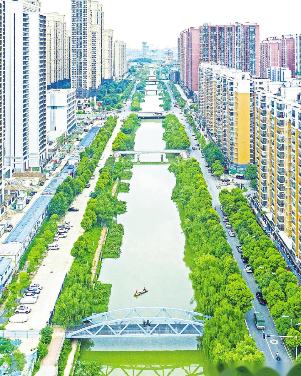 【沙湖港生态环境大变样】7月9日,水务工作者驾驶着小船在沙湖港沿线