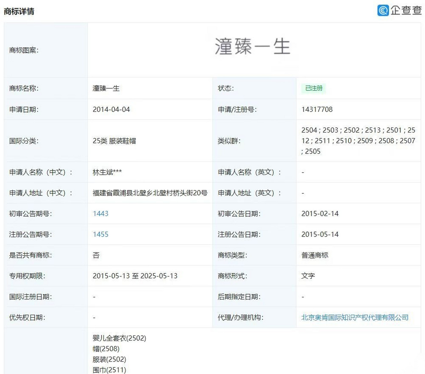 【林生斌注册8个潼臻一生商标 未发现公益分类】杭州保姆纵火案男主林