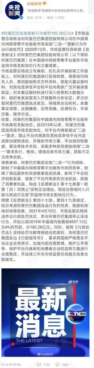 阿里巴巴实施垄断行为被罚182.
