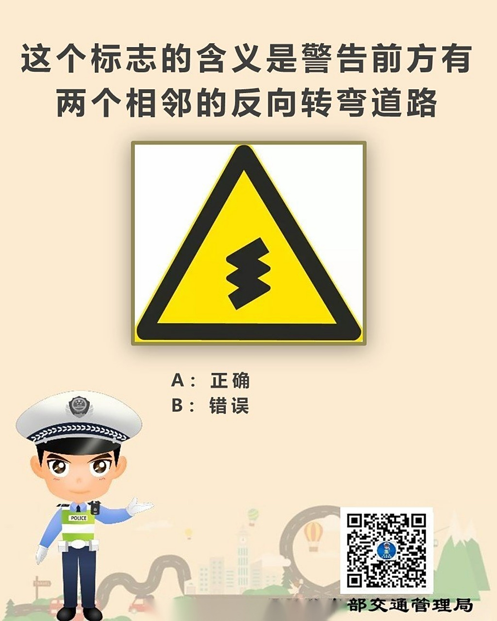 这个标志的含义是警告前方有两个相邻的反向转弯道路.这个说法正确吗?