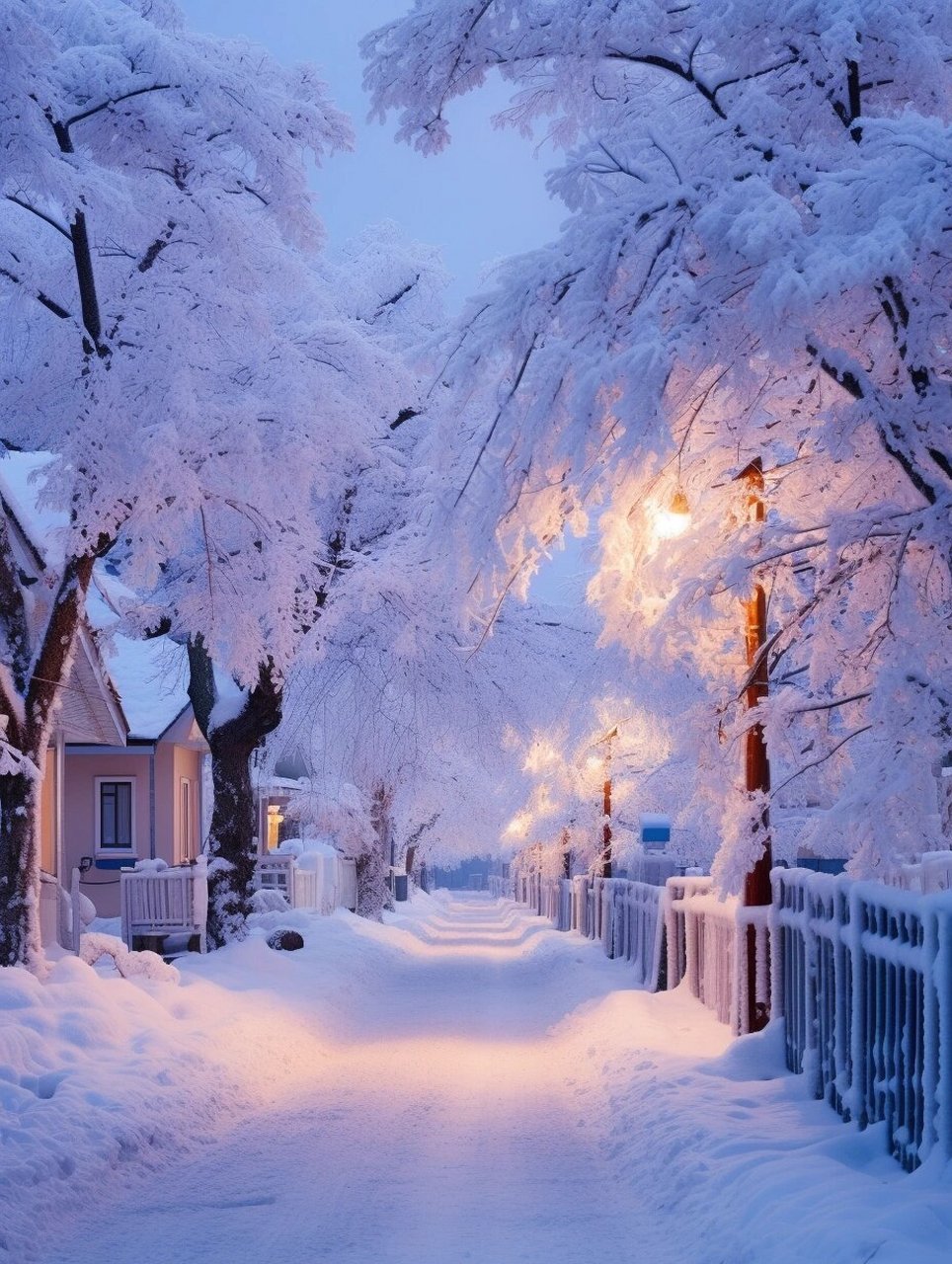 美丽的雪景,村庄被大雪覆盖,白樟树,冰花,平房和树木被厚厚的雪覆盖