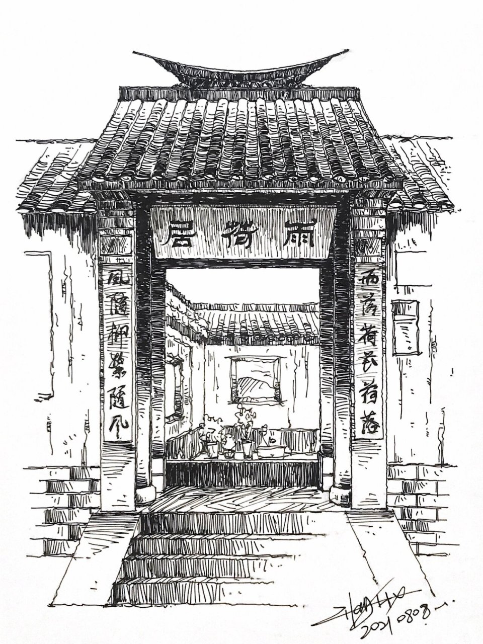 含绘画教程|古建筑钢笔速写|院门 | 08087615 ●昨天上钢笔画网课