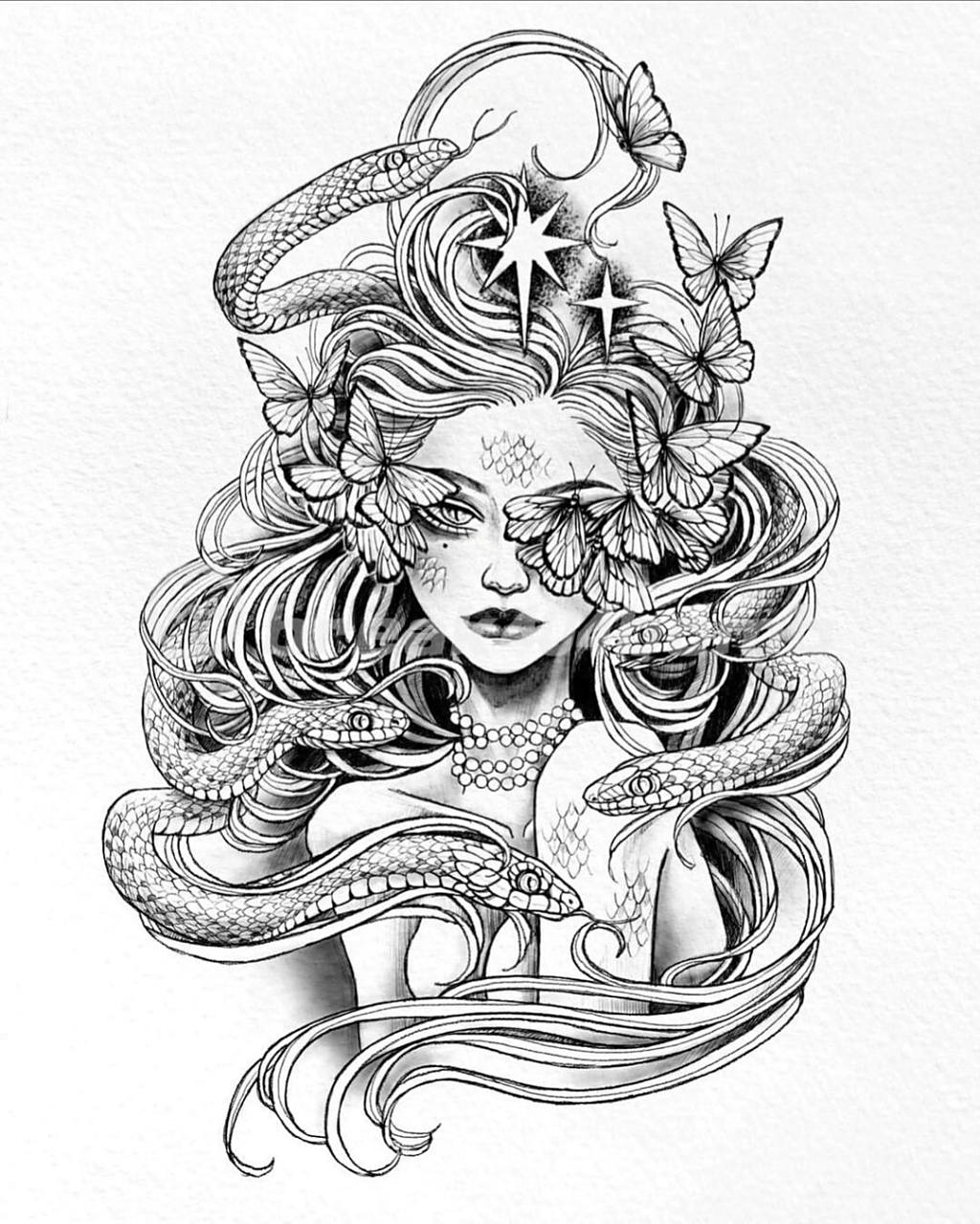 美杜莎纹身|花胸美杜莎纹身手稿 适合大腿或者大臂的美杜莎纹身 还有