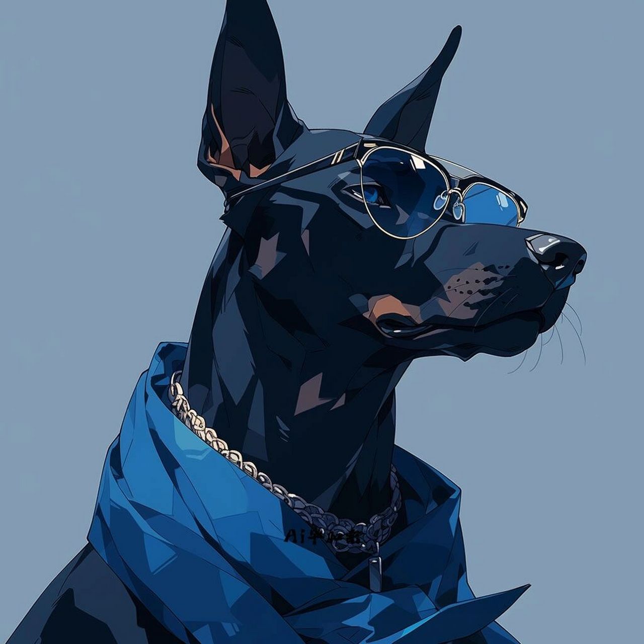 蓝色风暴97戴眼镜的杜宾犬头像插画 杜宾真的好飒哇,不愧是警犬
