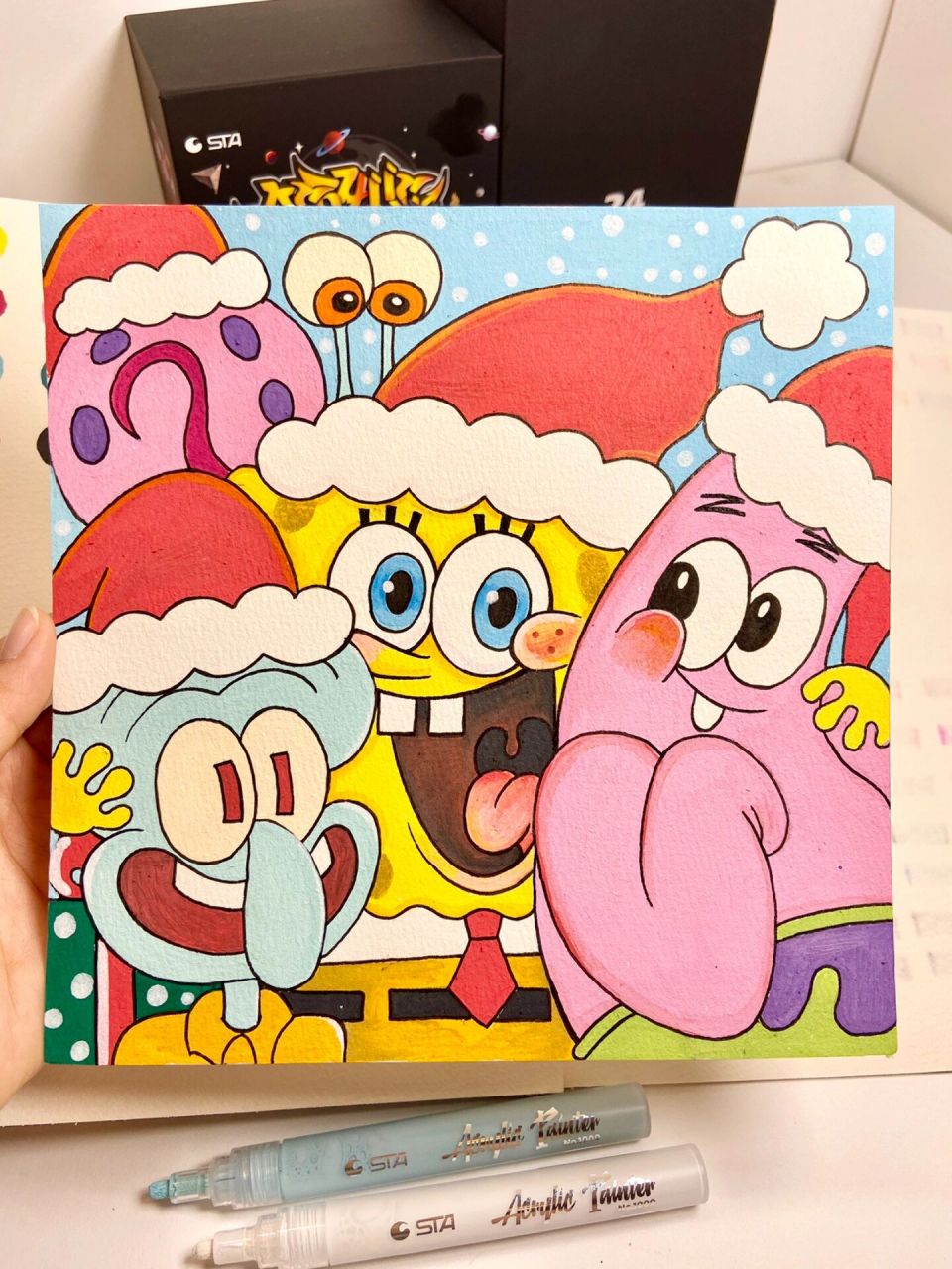 最喜欢的节日圣诞节快到来啦 和好朋友一起来画海绵宝宝圣诞节丙烯画