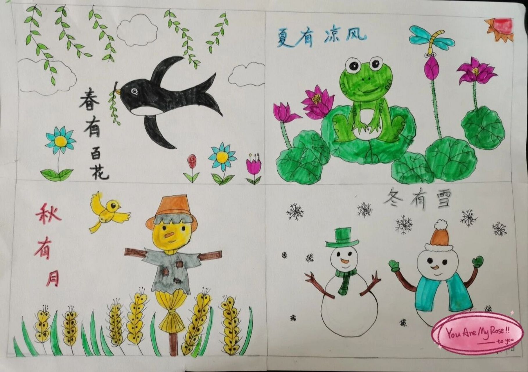 一年级语文下册《春夏秋冬》 四格画 周末给孩子们布置的四格画,收到