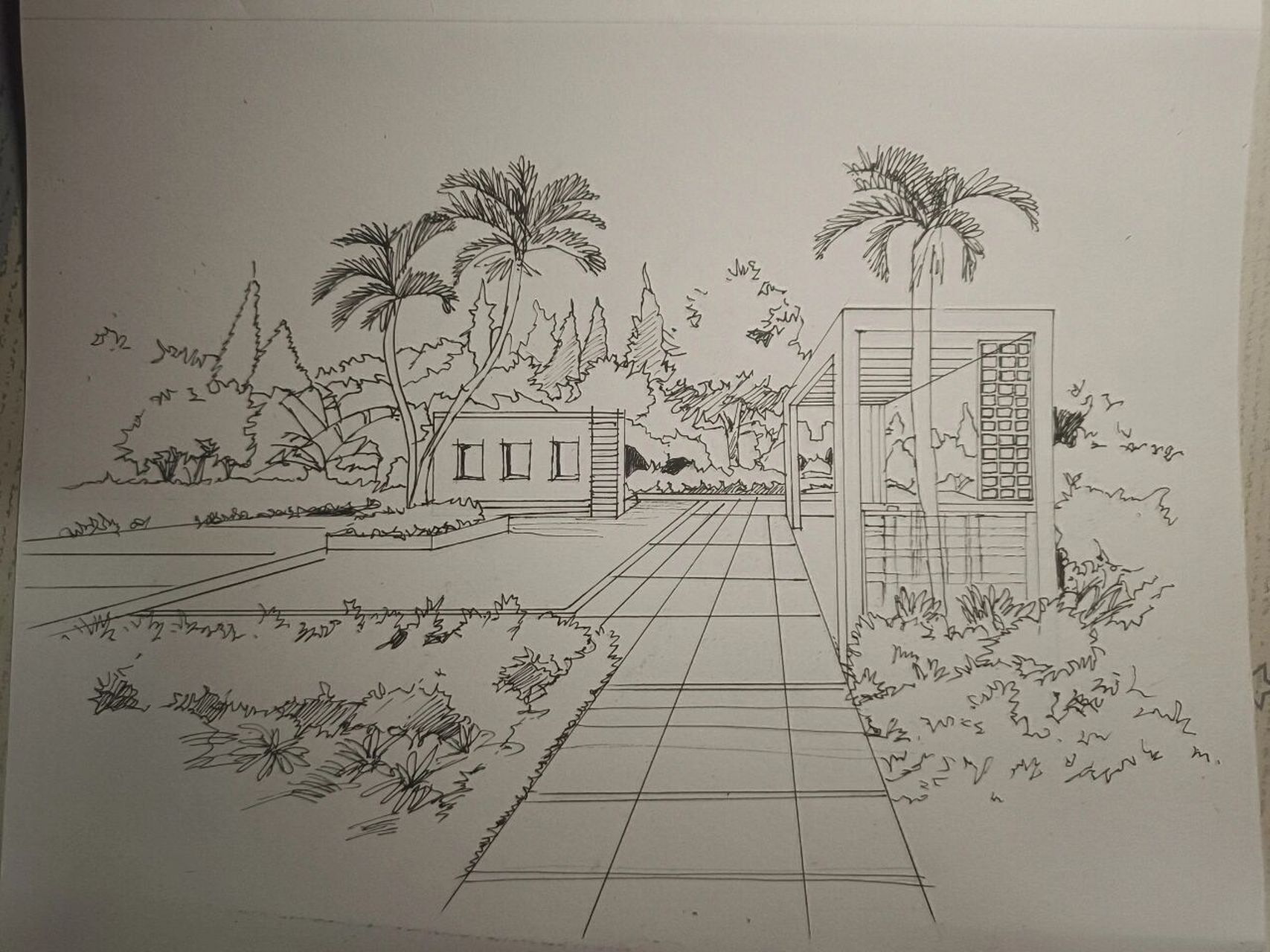 一点透视风景园林手绘