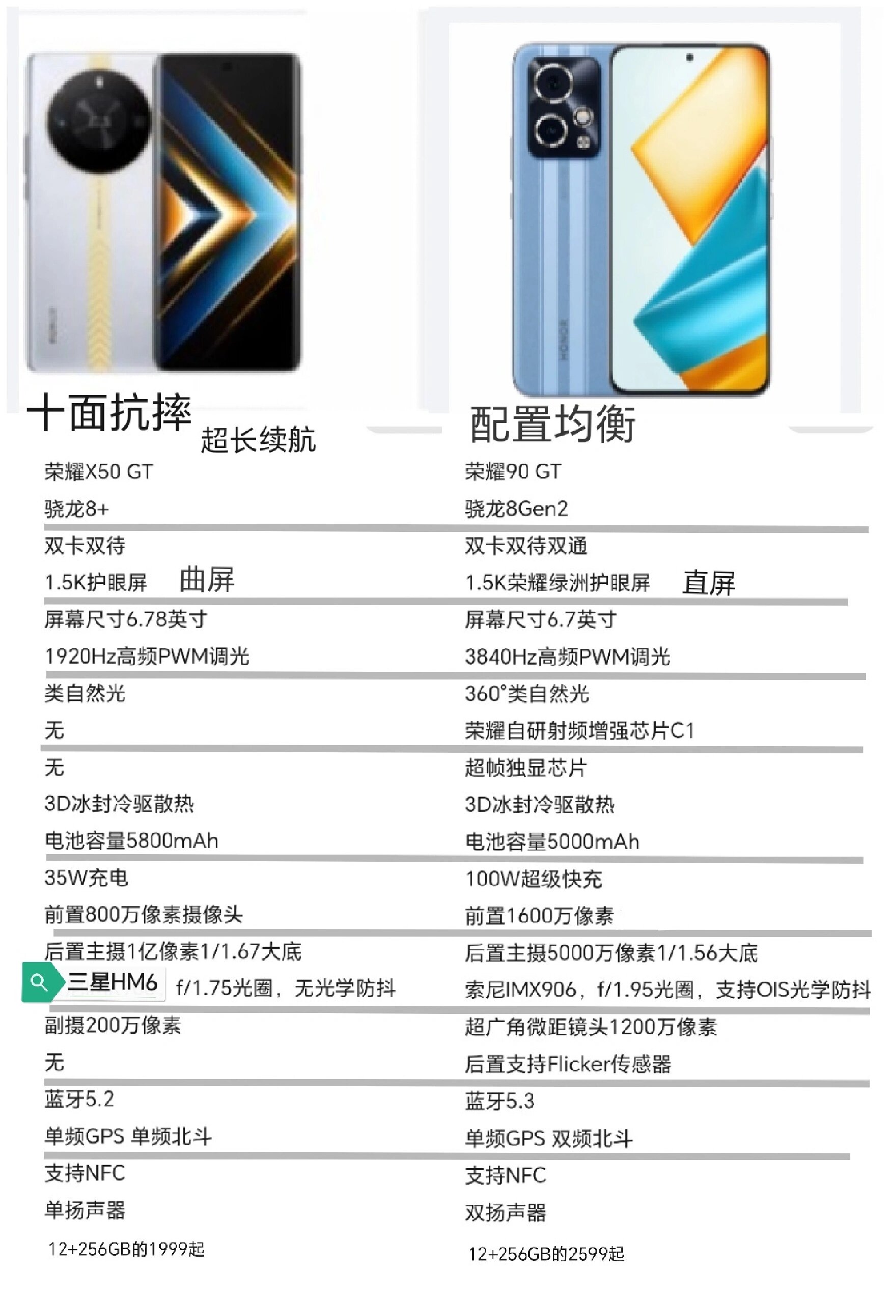 荣耀x50gt和荣耀90gt手机配置参数对比