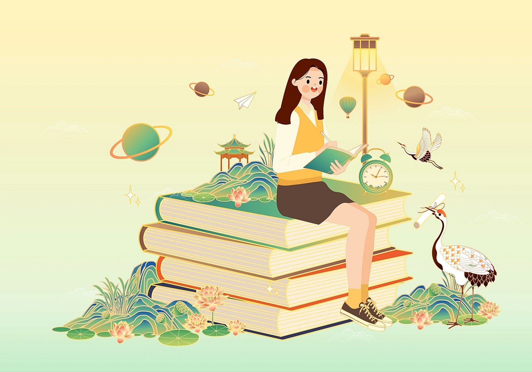 坐着正在看书的女孩创意插画 矢量插画/读书教育/国风/清新 软件:ai