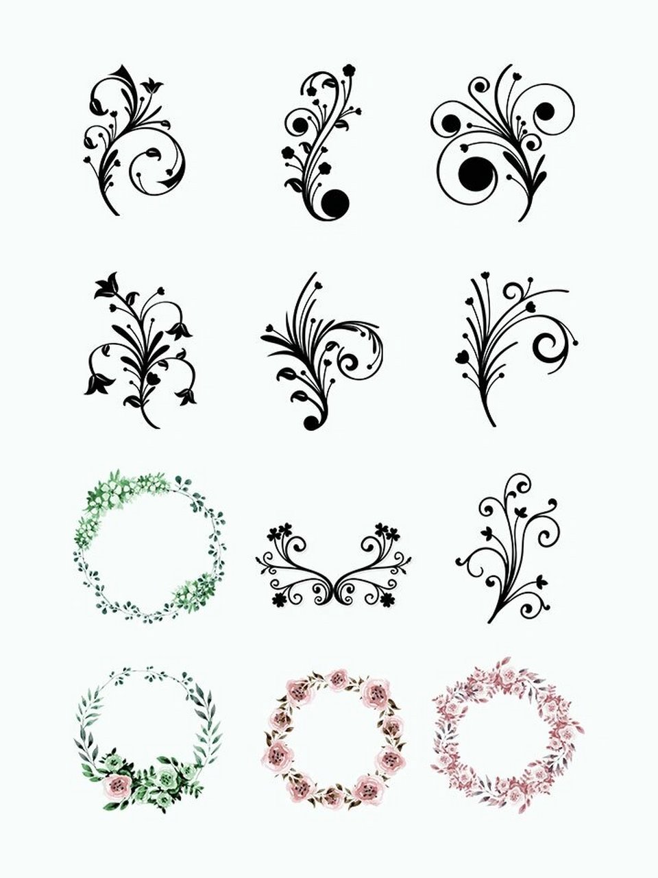 98今天分享几组多彩花纹藤蔓,花边素材,黑色