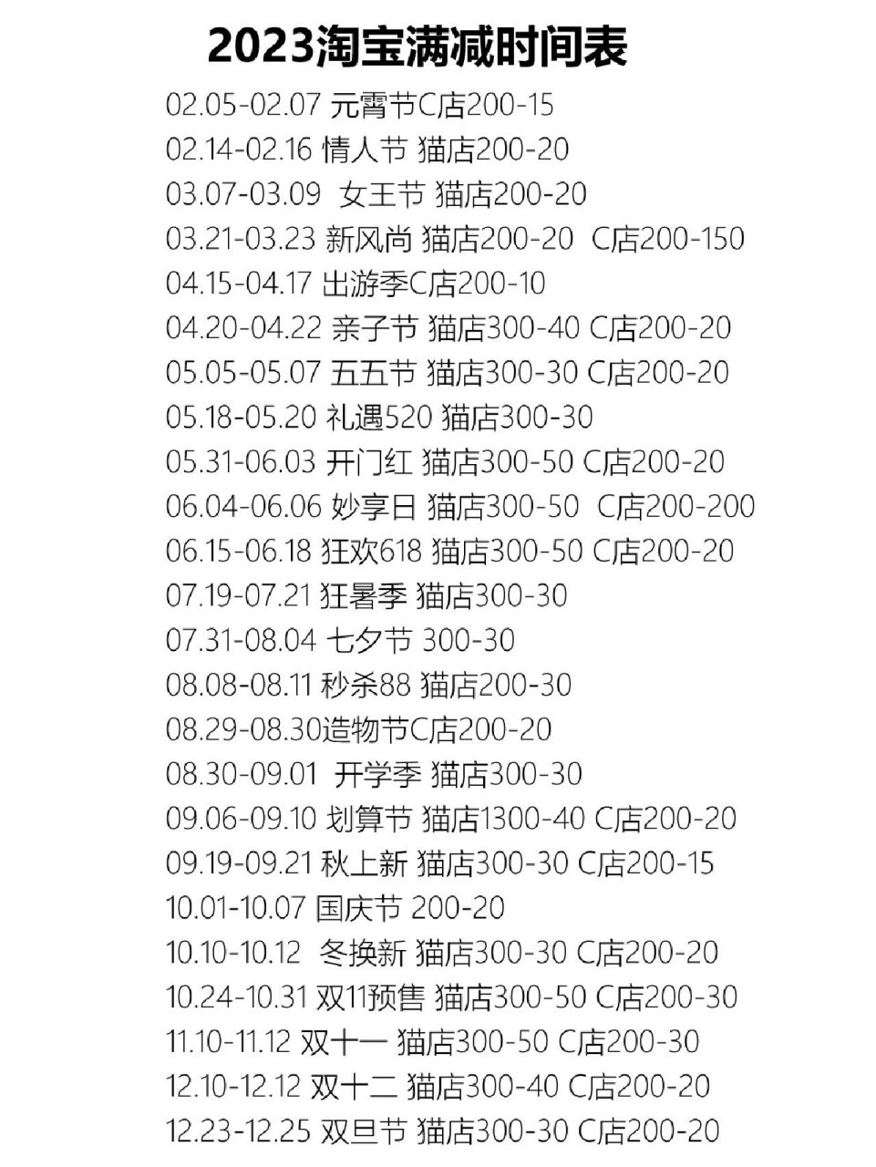淘宝活动时间记录表2023年一年哪些时间满减 266月活动 02.12-02.