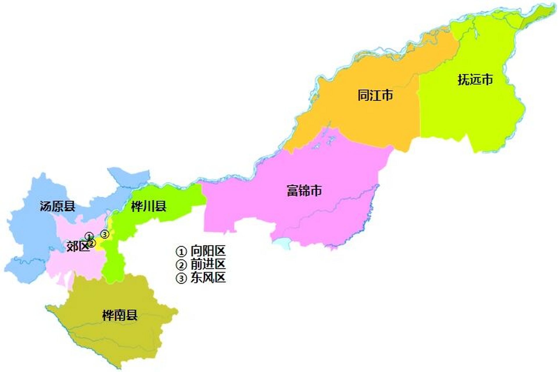 佳木斯全市划分为 4个区:向阳区,前进区,东风区,郊区; 3个县:汤原