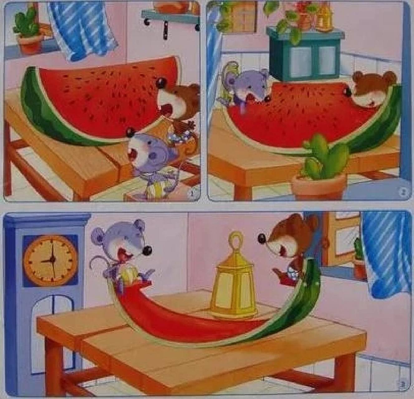 看图写话 老鼠兄弟吃西瓜 夏天到了,赤日炎炎,骄阳似火.