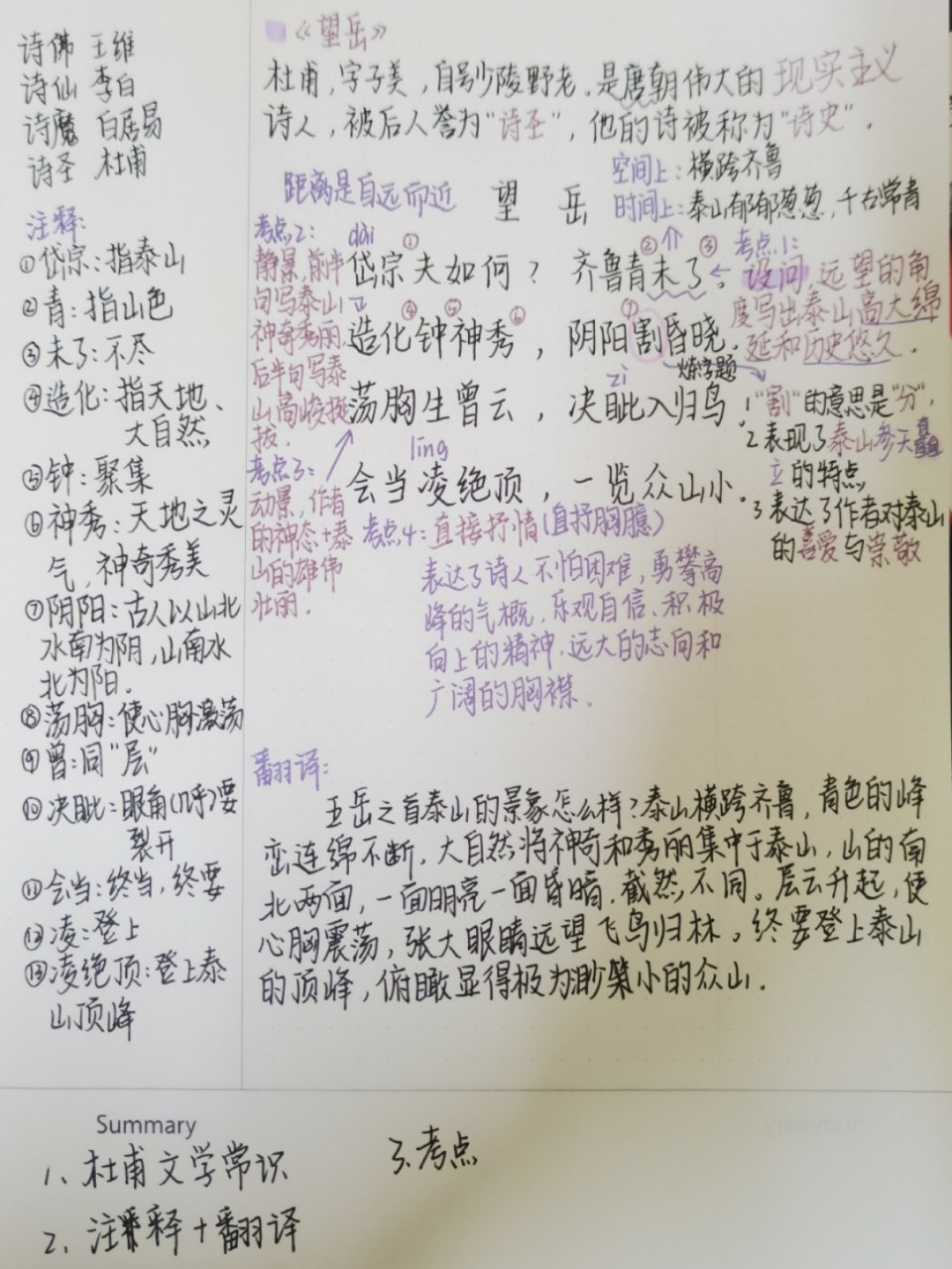 初一下/诗词赏析/望岳95 快开学了98 这份预习笔记请收好 	 你们