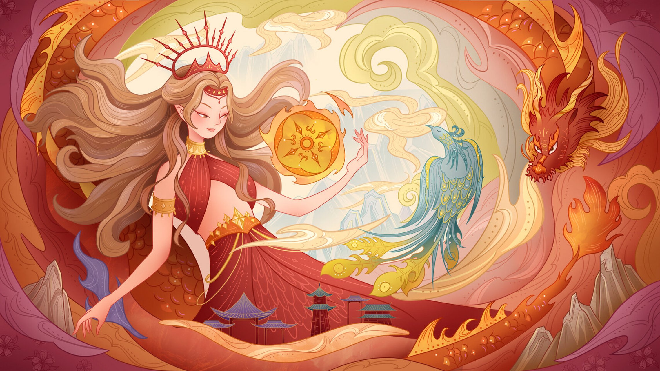 98原创插画 i 国风线性 i 太阳女神 99羲和也被称为太阳女神,也