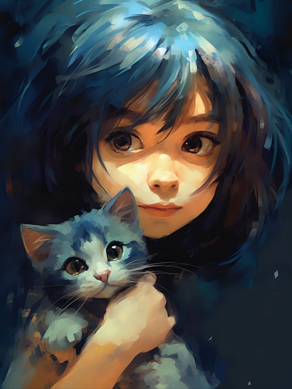 咒语:/imagine anime little girl interacting with a cute cat,big