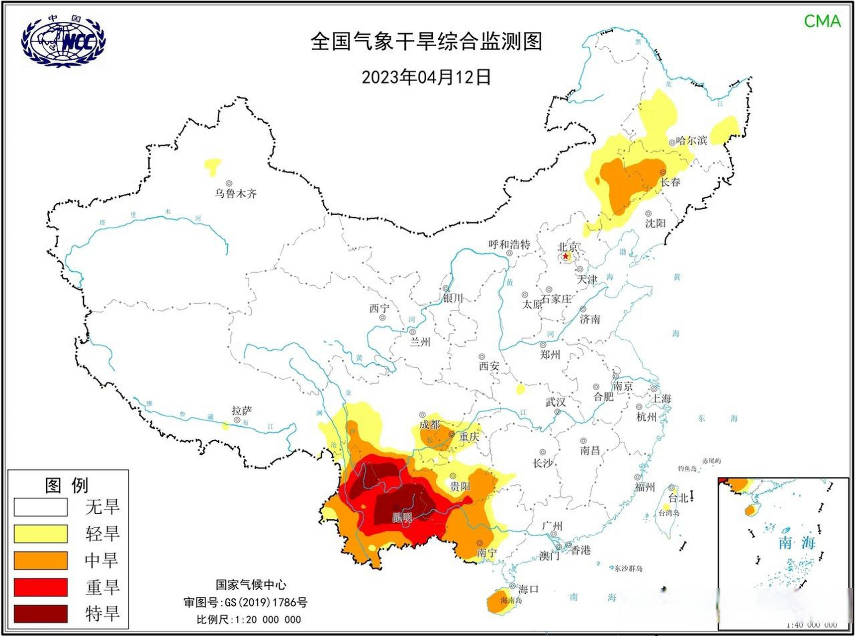4月12日全国气象干旱监测图(图1)可见,四川南部,贵州,云南,广西西部