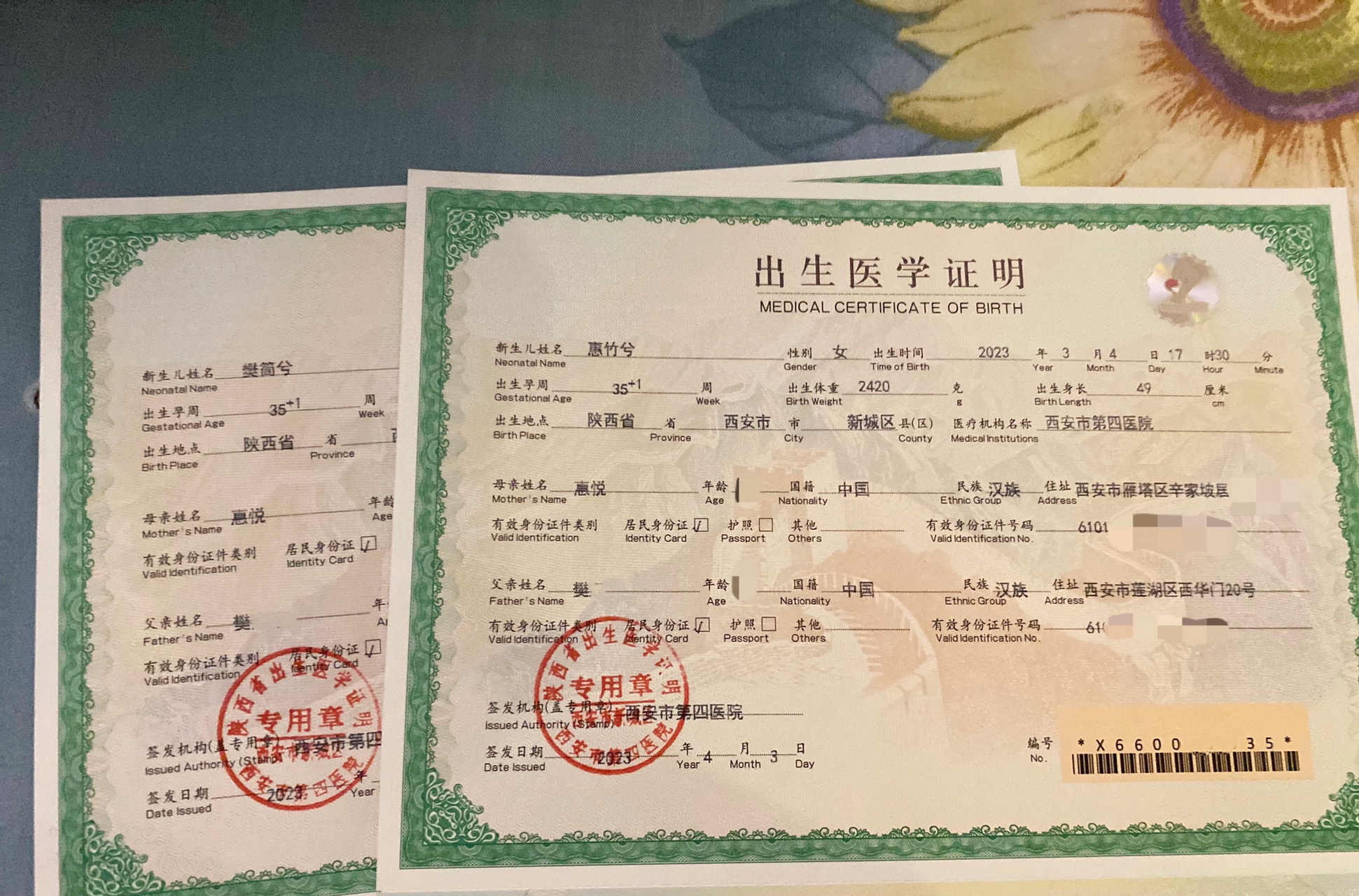 竹兮简兮/宝宝出生证明 双胞胎女宝宝   一个随父姓 一个随母姓 	 惠