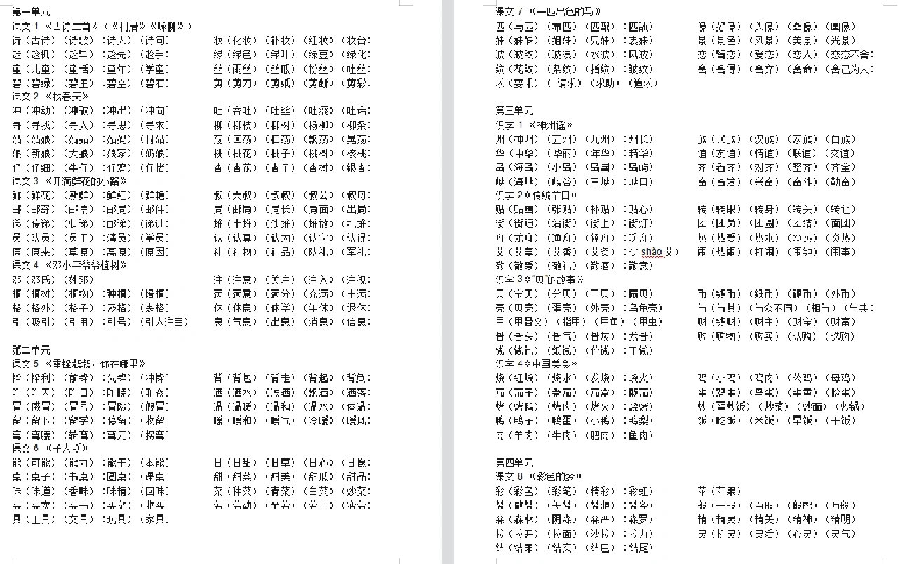 二下语文四会字组词(最新版)
