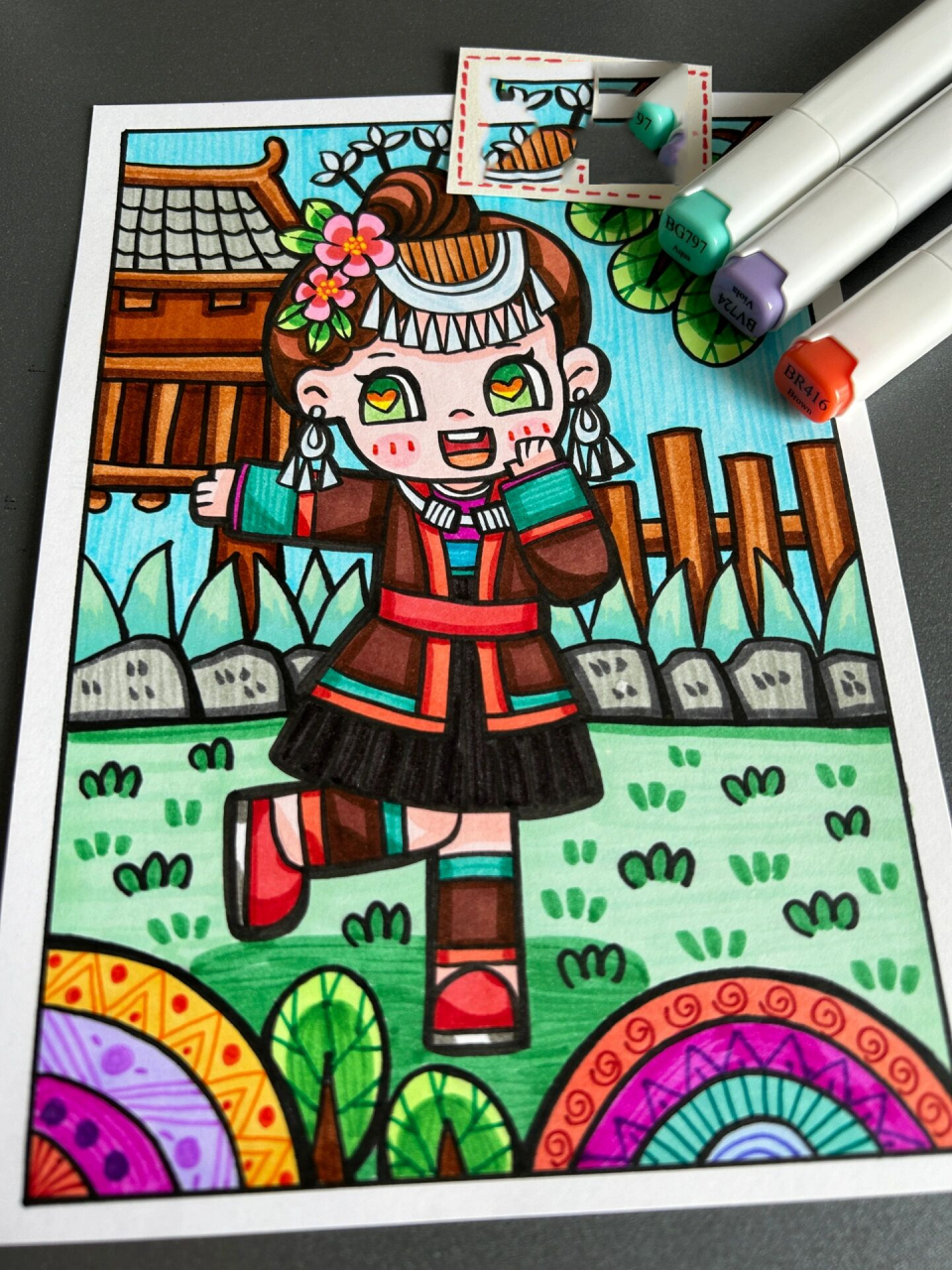 三月三人物儿童画 今天画的是侗族小姑娘