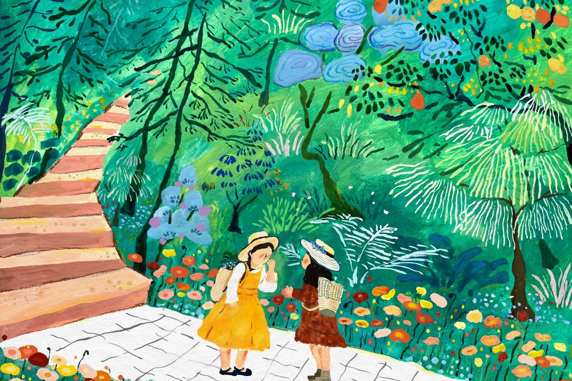 水粉画 大自然里走一走 一起享受大自然的美        五一去大自然里走