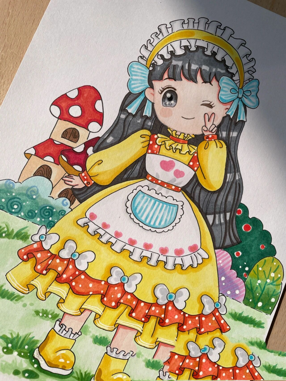 马克笔绘画-黄裙子小女孩(附过程图) 临摹自师傅 开学后画的第一幅画