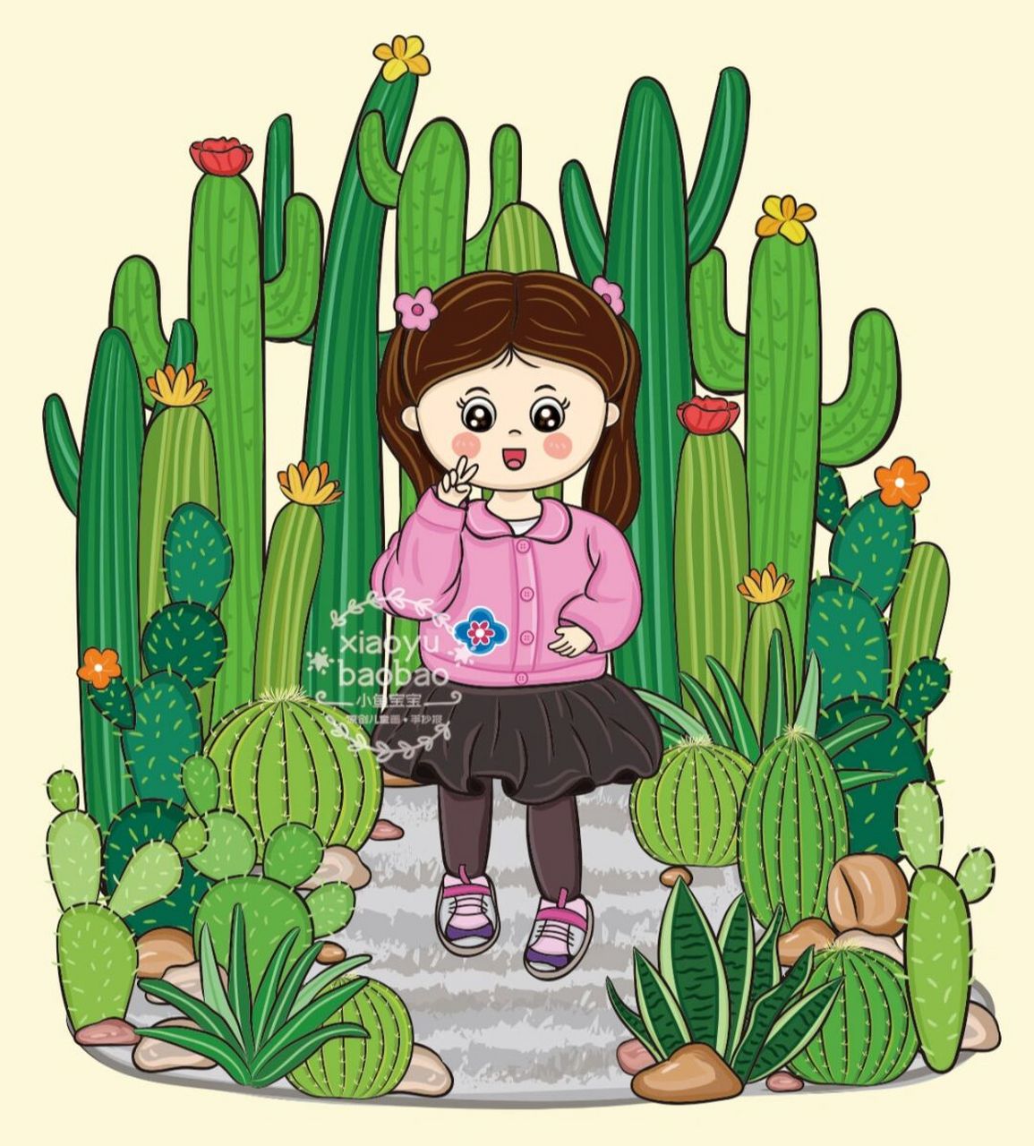 小女孩和仙人掌 | 原创儿童插画 日常画鱼宝多多练习,记录植物园的