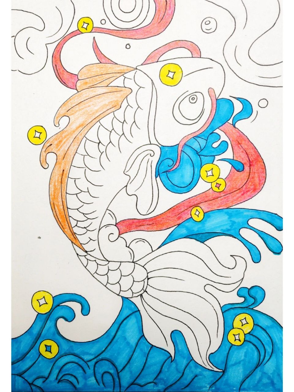 手绘190天|鲤鱼打挺|卡通篇|附过程图 锦鲤卡通系列临摹来源小红薯