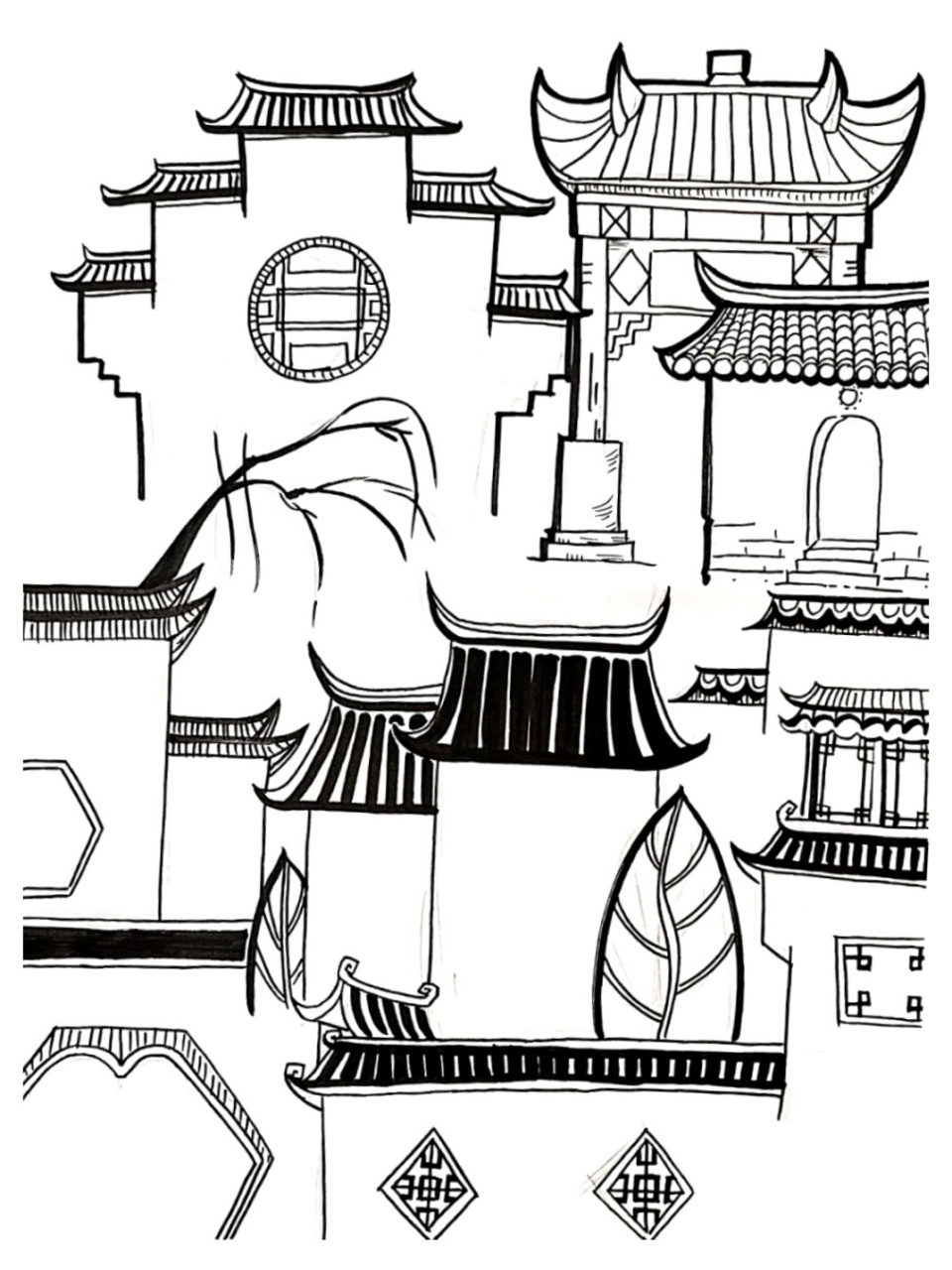 教师考编|技能题 徽派建筑元素 简化 都是简化了的形象,比较好记,用笔
