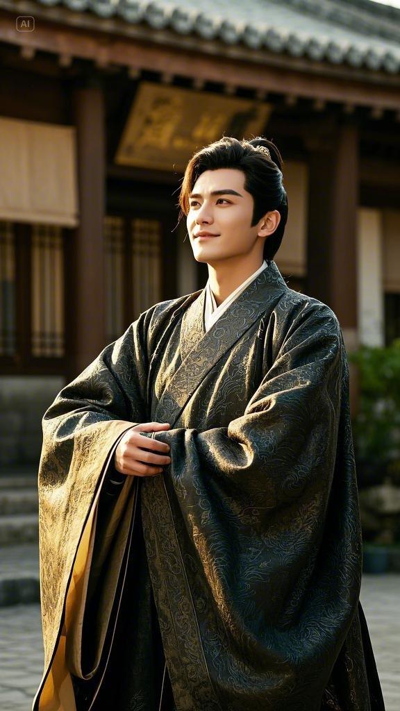 在一座古雅的庭院中,一位帅气男子气概的小哥哥身着华丽的袍服