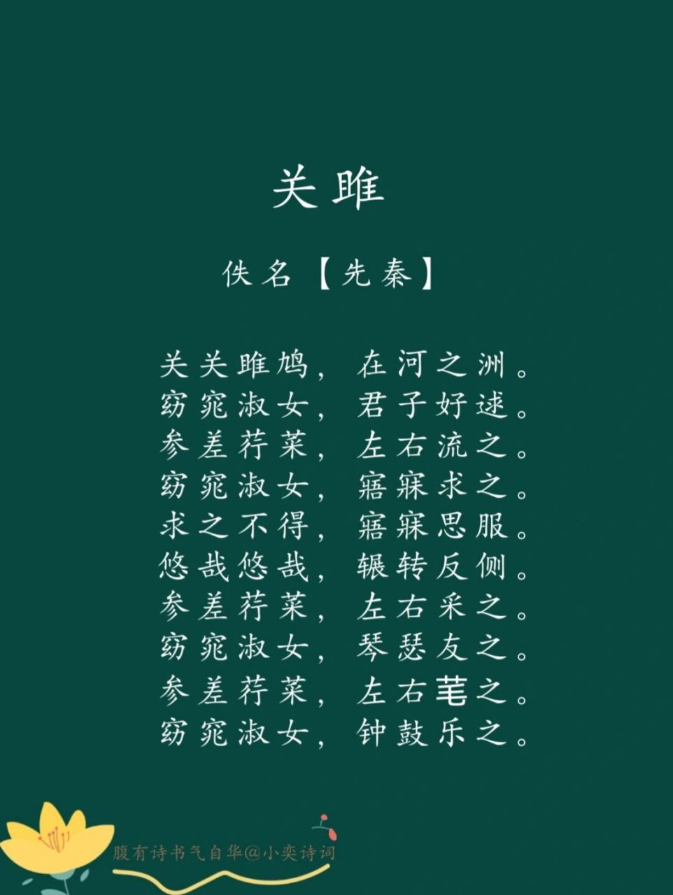 每日一诗词 | 98 《关雎》 94译文: 关关和鸣的雎鸠,栖息在河中的