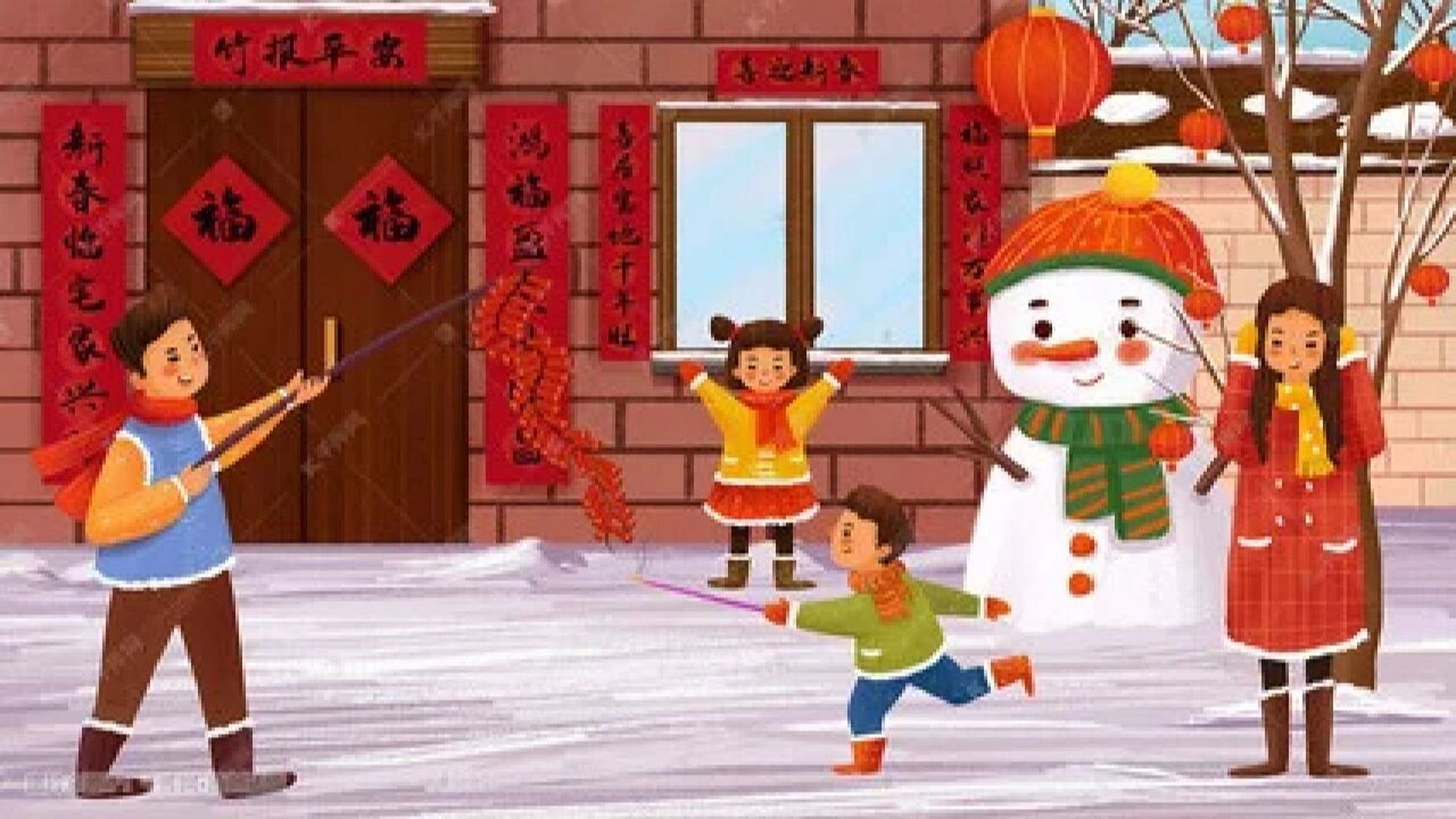 看图写话 放鞭炮 除夕这天,到处张灯结彩,喜气洋洋.