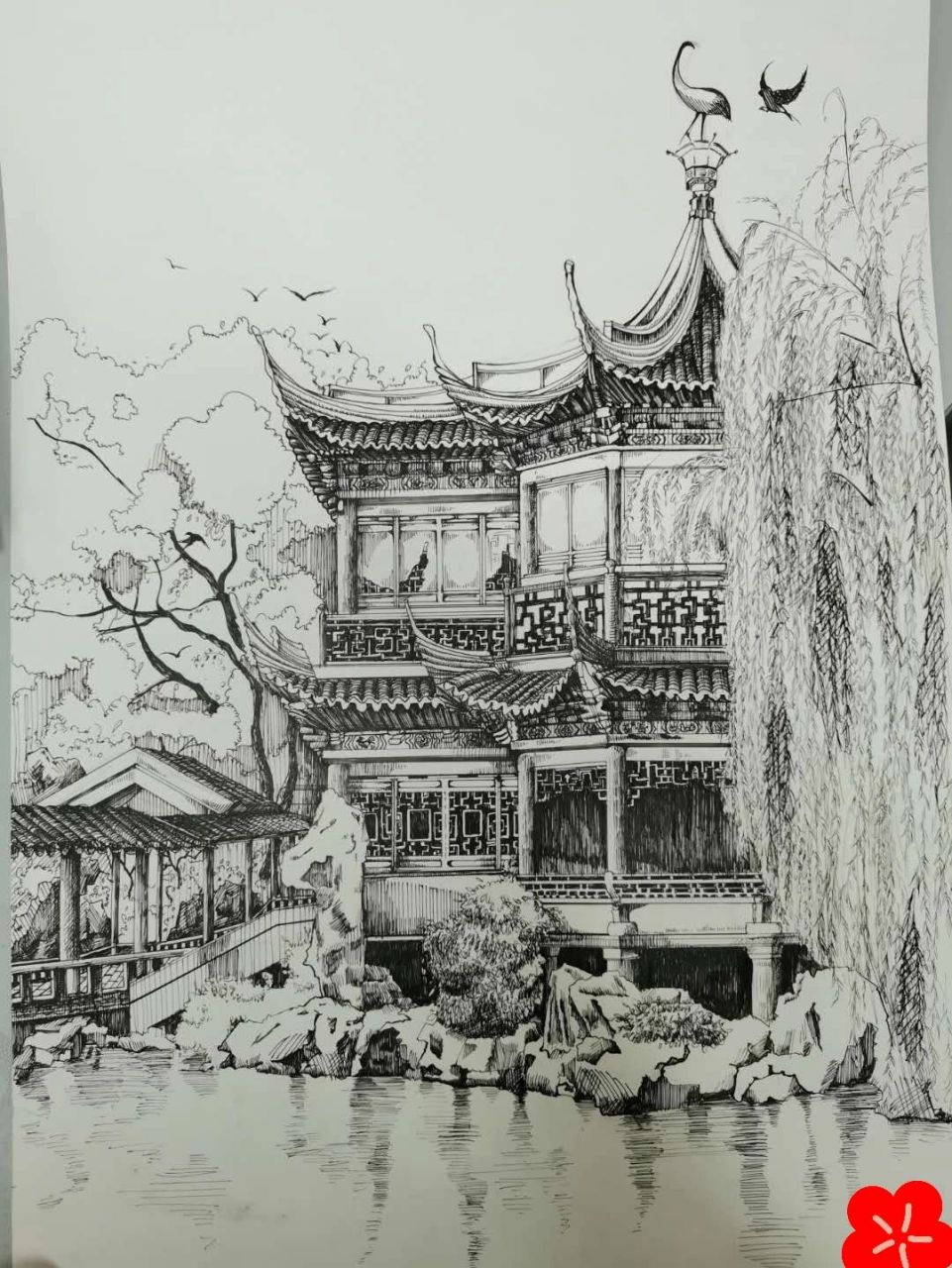 古建筑屋顶素描图片