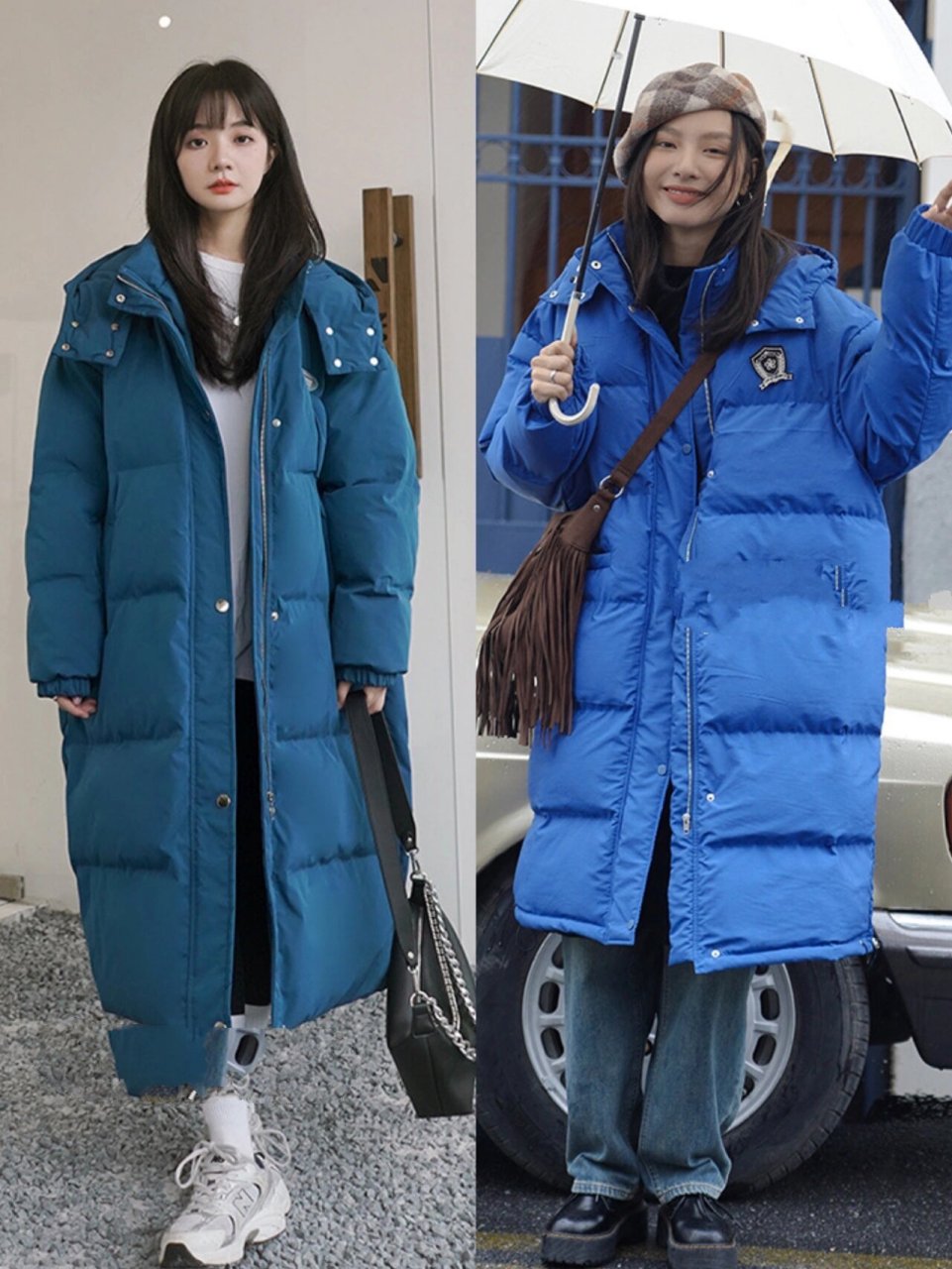 蓝色长款羽绒服18种搭配97冬季潮流穿搭(下) 灰蓝色羽绒服(浅蓝色