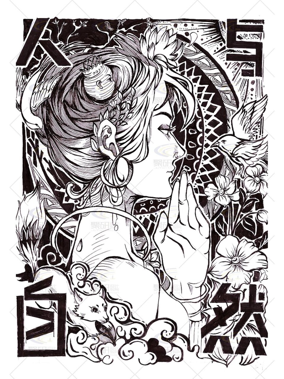 手绘作品 聚研设计考研暑假班集训, 视觉传达设计黑白装饰画作品展示
