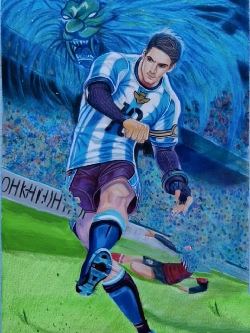 彩铅画王者荣耀裴擒虎梅西皮肤(附线稿)