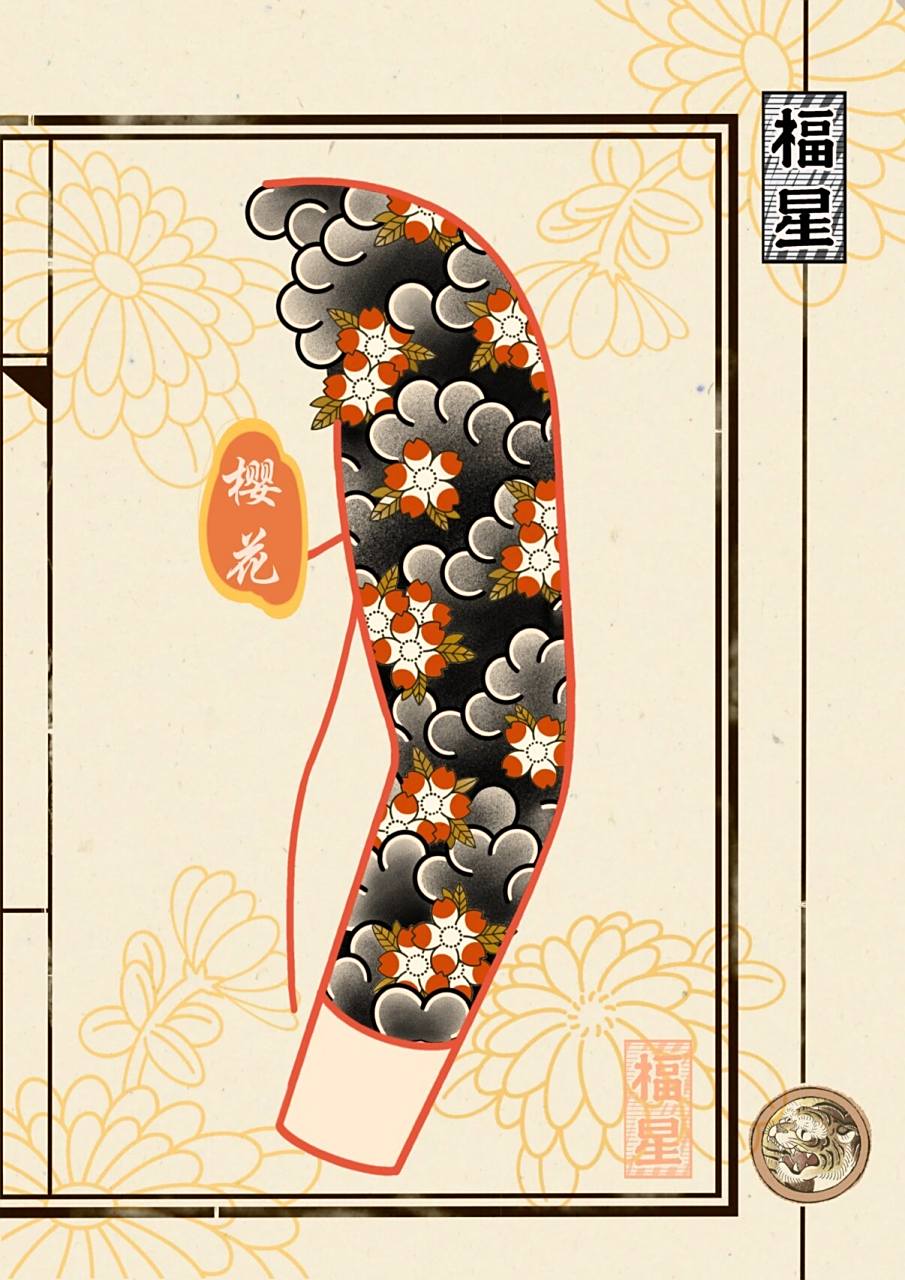 日式老传统樱花花臂纹身手稿设计94no.