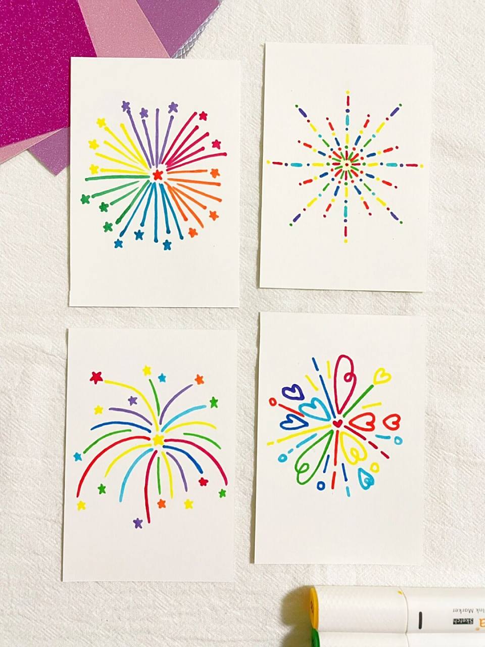 「烟花」简笔画 今天是彩虹配色的烟花~ 笔:多乐绘马克笔