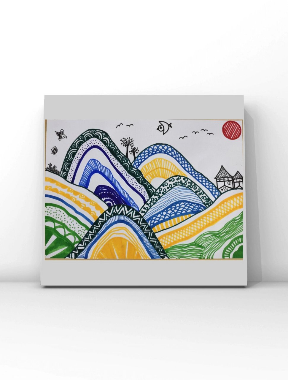 少儿线描画《山河风景画》 练习孩子的色彩搭配以及点线的运用 注