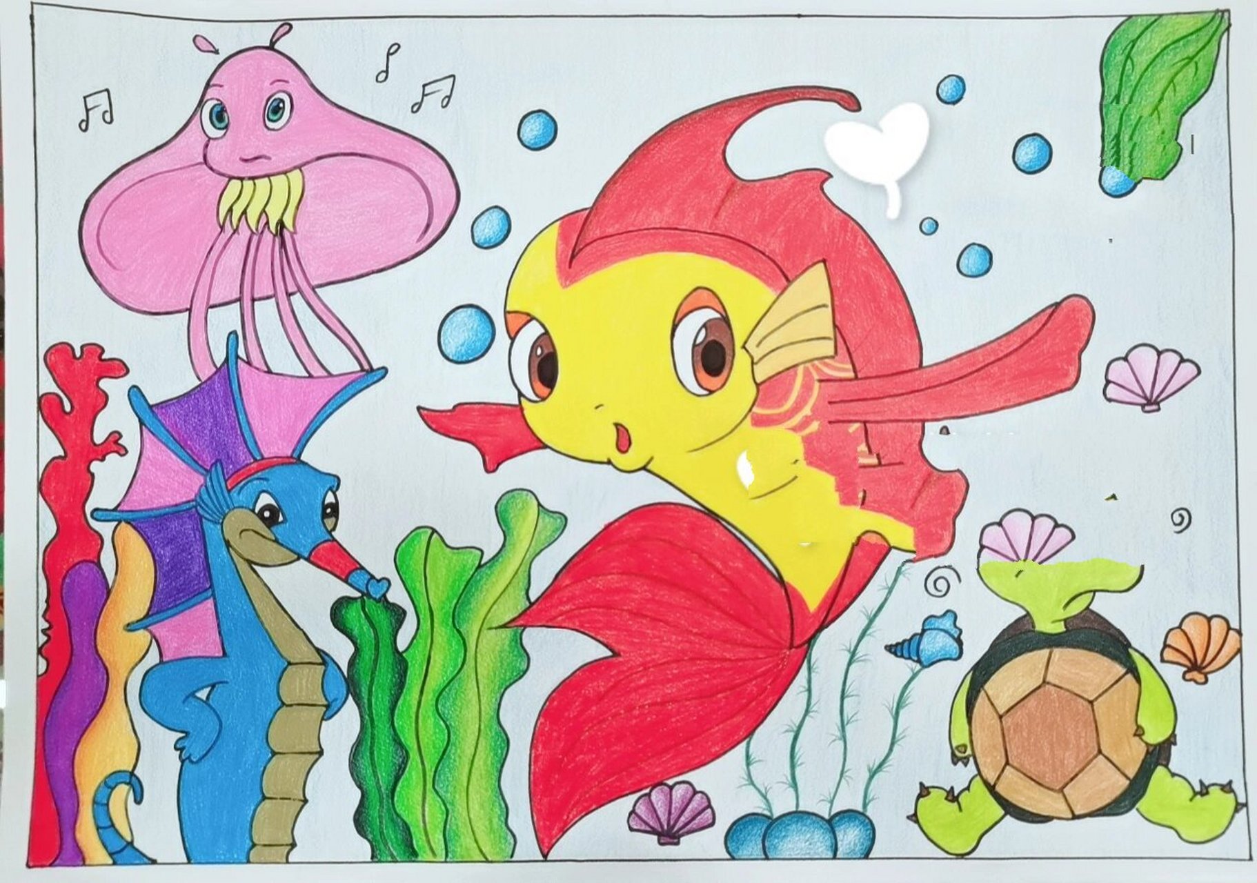 小鲤鱼泡泡线稿及涂色