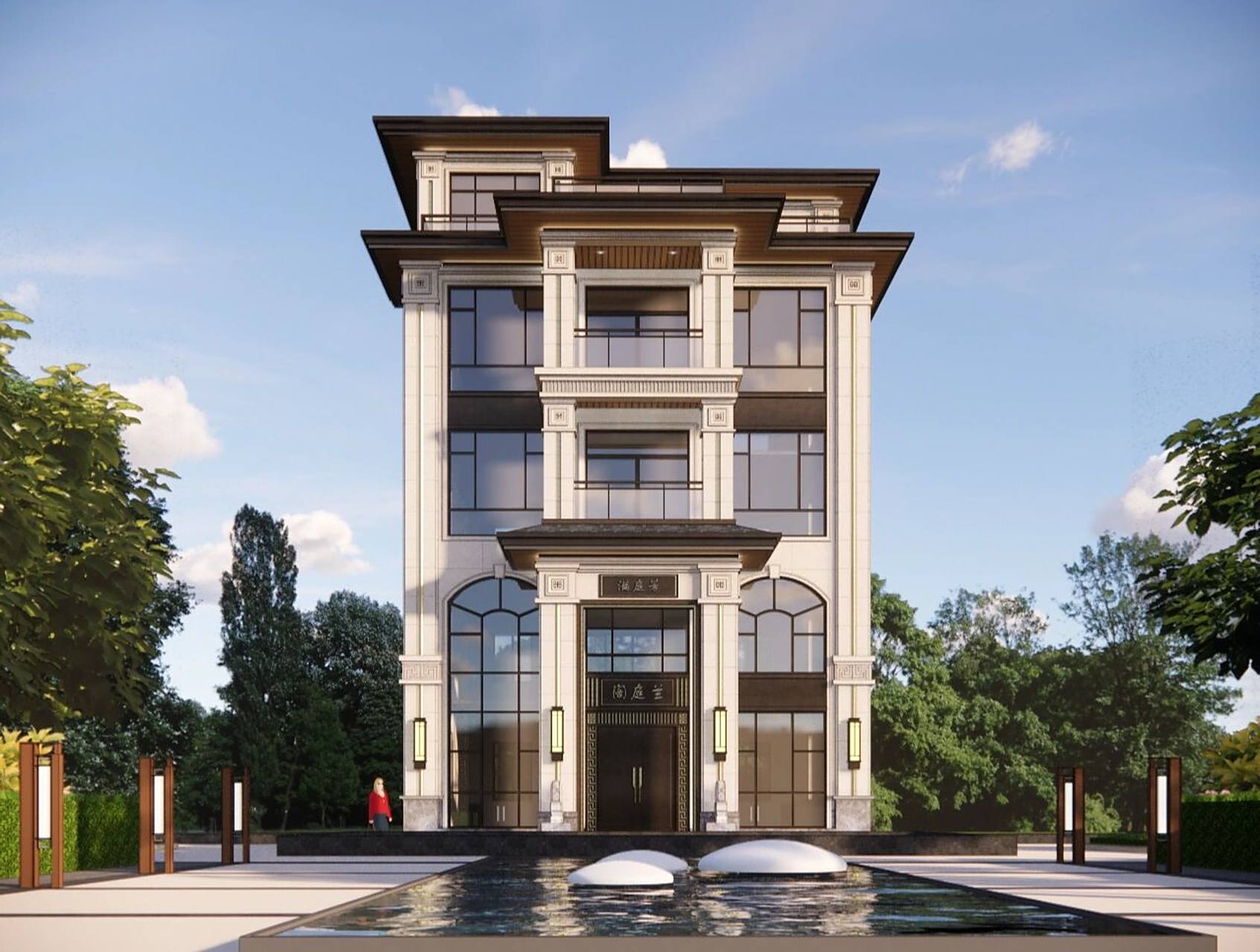 效果图设计 新中式 坚持传统又兼顾现代美感,将传统建筑构件简化成