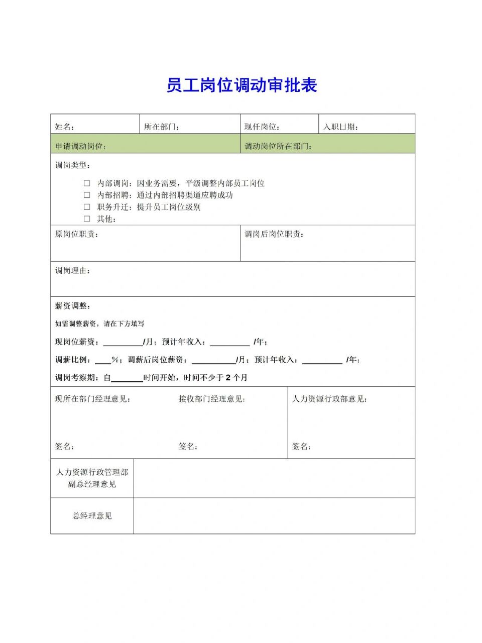 员工岗位调动审批表