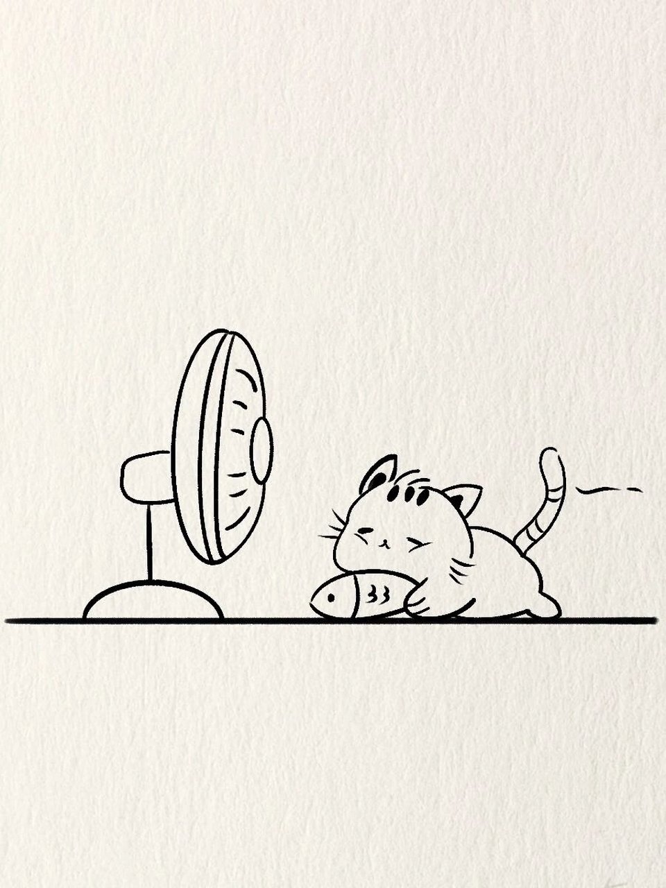 简笔画教程—吹风吃鱼的猫 还有什么比凉爽的风,美味的食物更容易让人