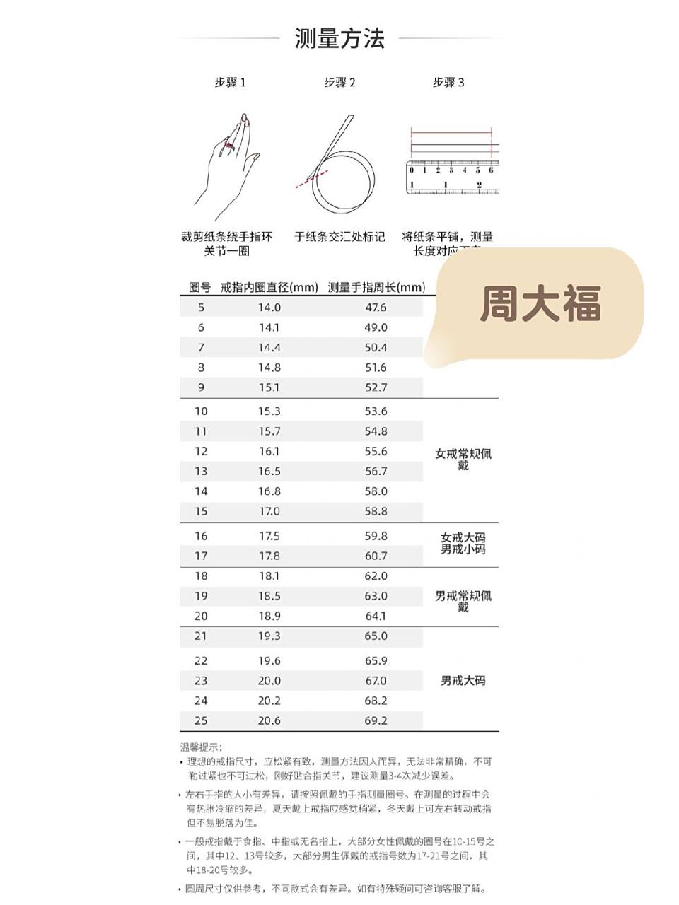 周大福戒指尺码表真的没问题吗98   周大福的戒指尺寸对照表和市面