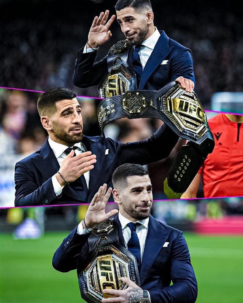 在皇马的伯纳乌球场,ufc羽量级冠军托普利亚在全场9万名观众面前开球