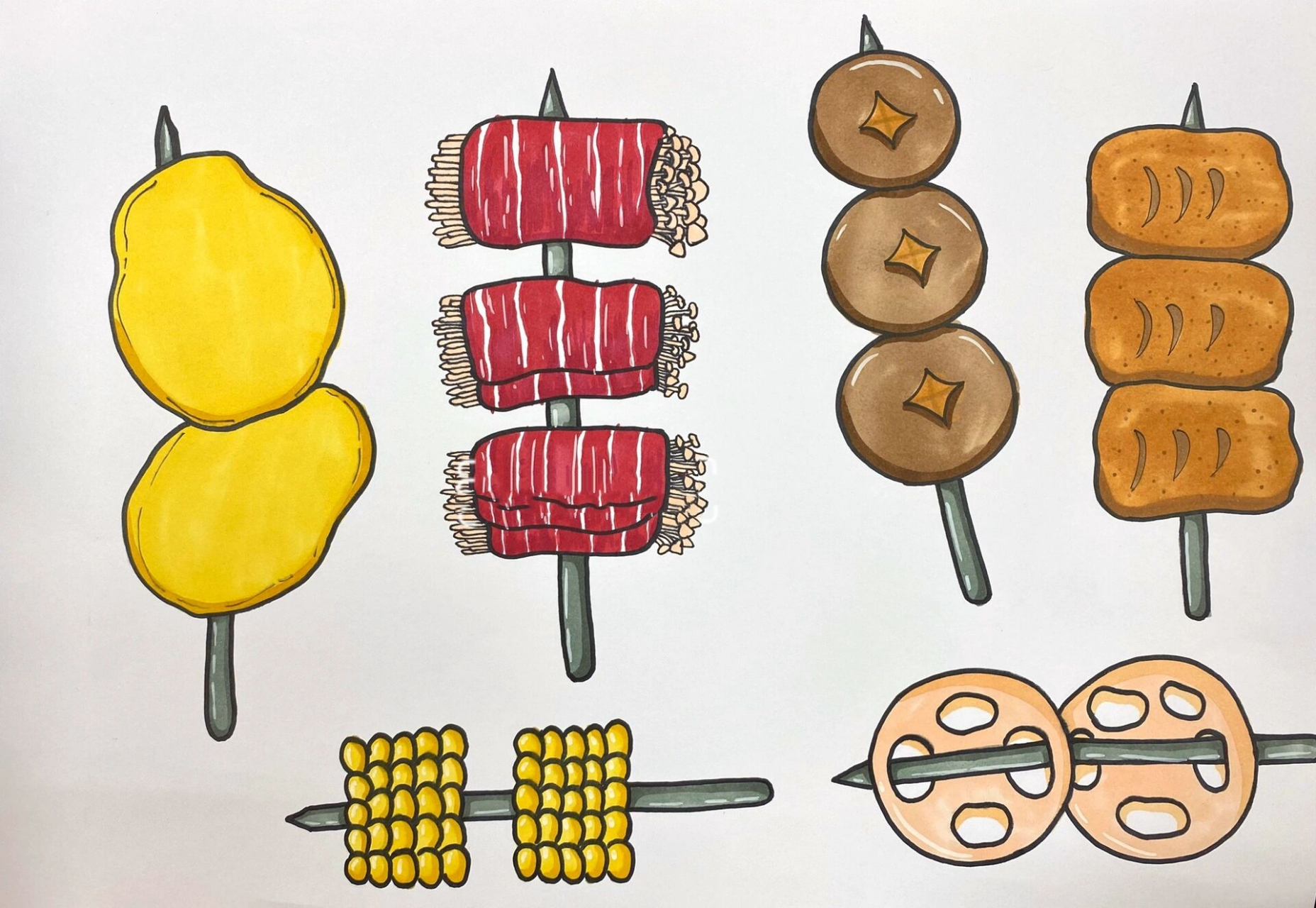 绘画『烧烤』 年龄:7-8周岁 材料:铅笔,橡皮,记号笔,白色卡纸,黑色